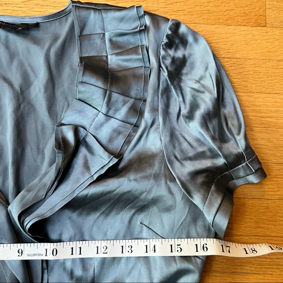 BCBGMAXAZRIA gun metal satin short sleeved blouse with ruffle detail - Picture 6 of 8